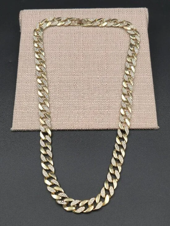 30 Inch Gold Over Copper Crystal Miami Cuban Link Chain Necklace B1131 - Picture 1 of 6